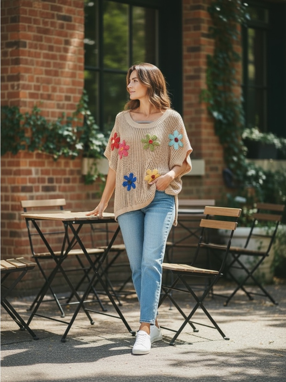 Beige Crochet Flower Appliqué Sweater Top